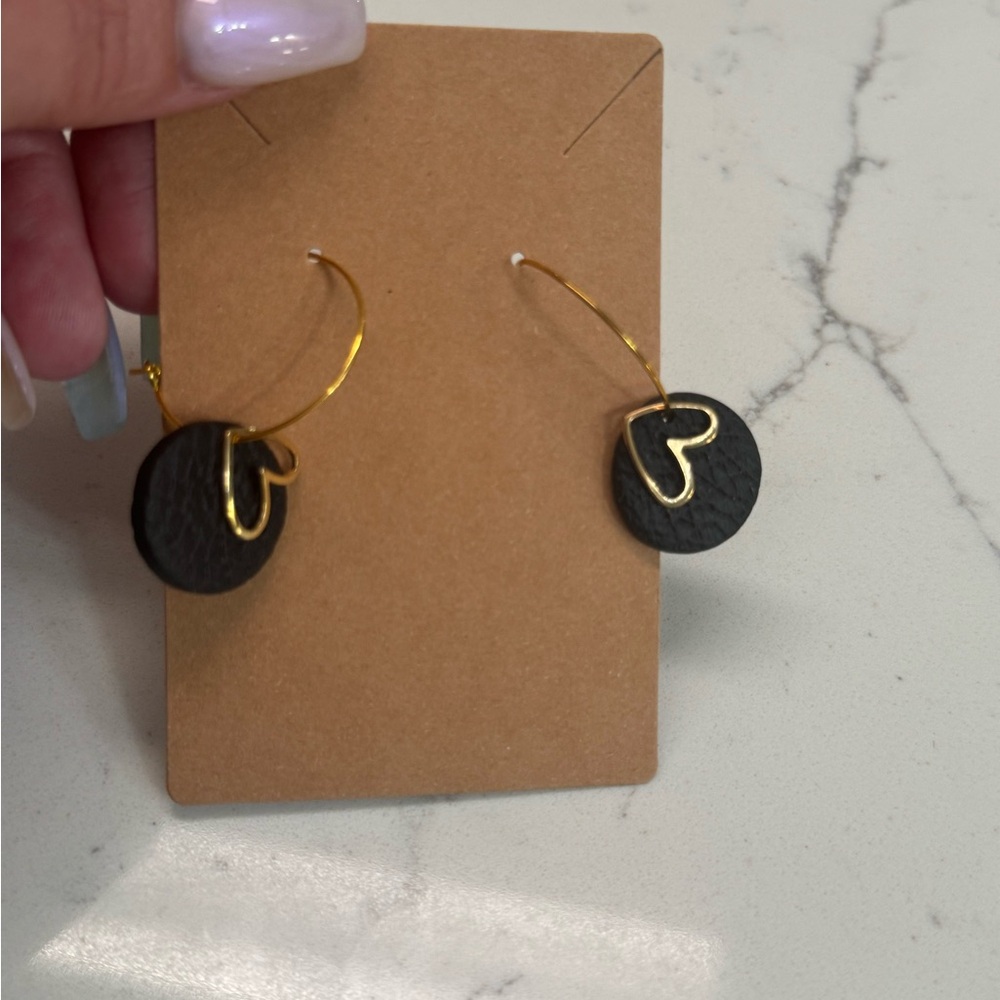 Gold Hoop Earrings with Black Disc and Heart Accent